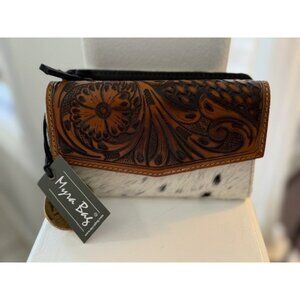 Myra Bag Wallet Leather Western Boho Cowhide Hand Tooled Floral Hairon Dijon NWT